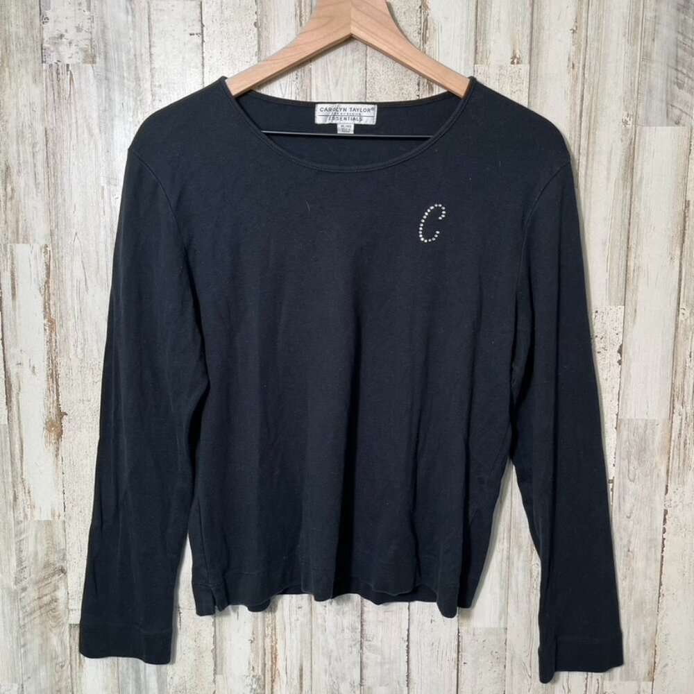 Vintage 90s Carolyn Taylor Black 3/4 Sleeve Top Bling Letter C Womens Size XL